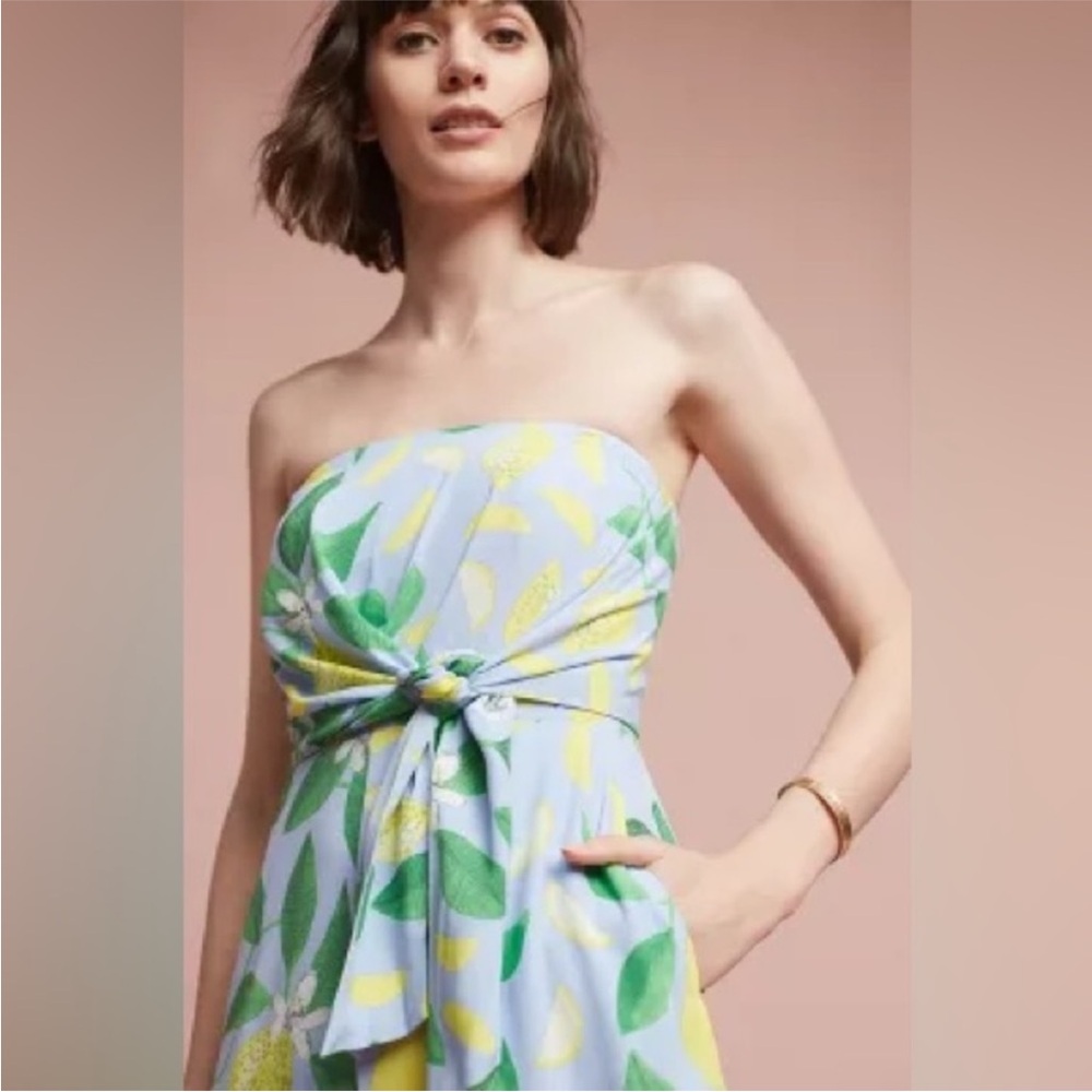 Maeve Blue and Yellow Lemon Floral Jumpsuit by Anthropologie Strapless